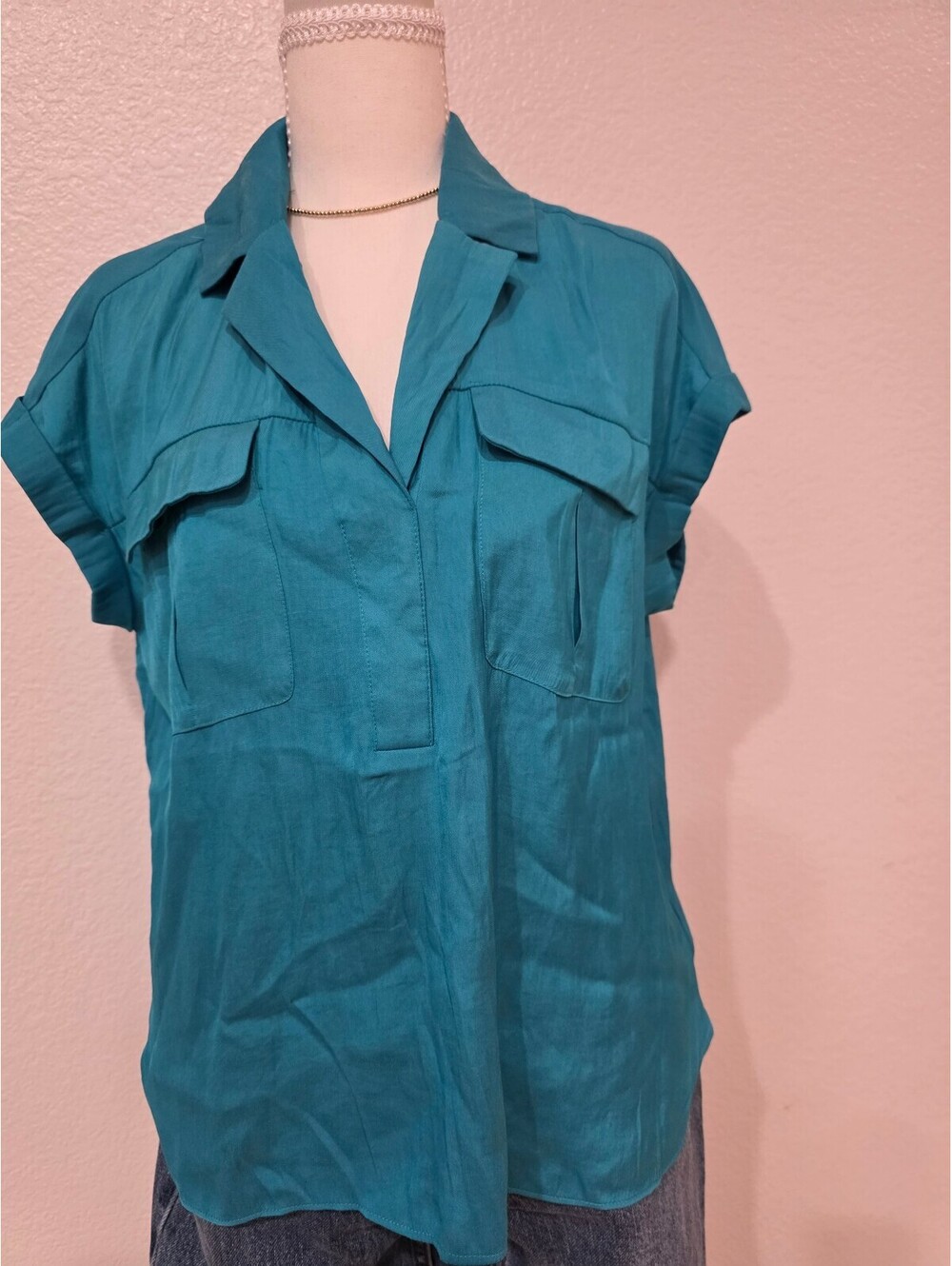 Rose + Olive Women's Teal Cap Sleeve Blouse Size S